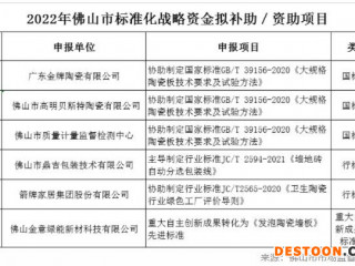 广东佛山6家陶瓷卫浴项目将获市标准化战略资金补助